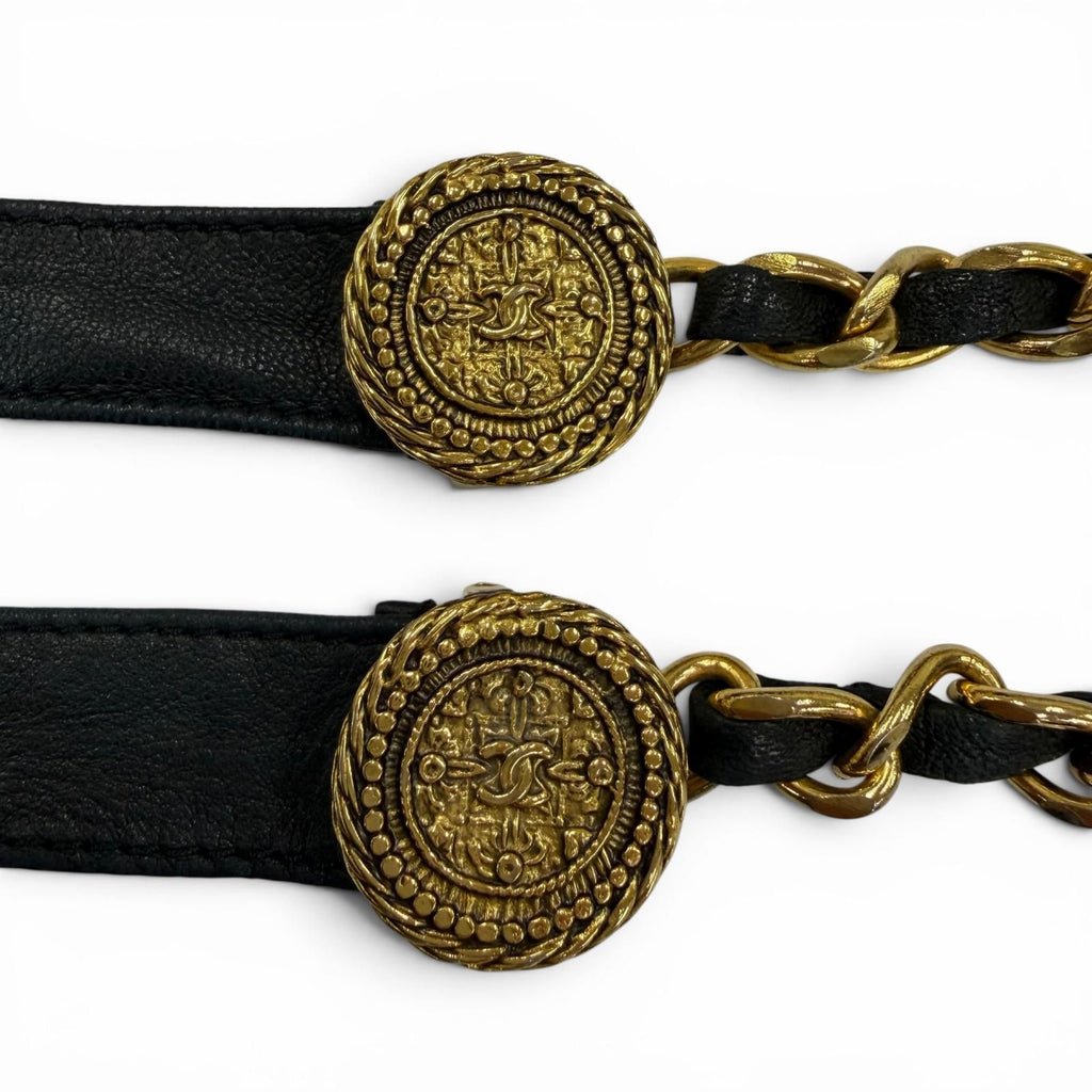 Chanel Vintage CC Logo Chain Leather Ribbon Belt Black Gold — view 4