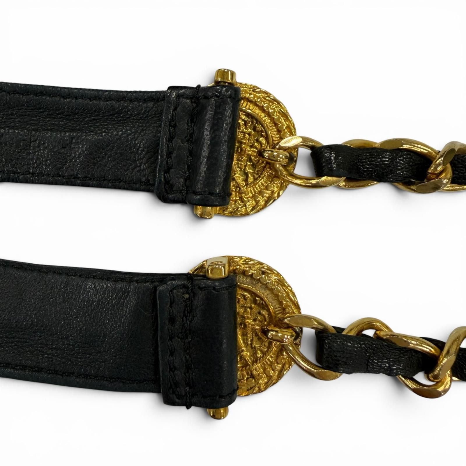 Chanel Vintage CC Logo Chain Leather Ribbon Belt Black Gold — view 9