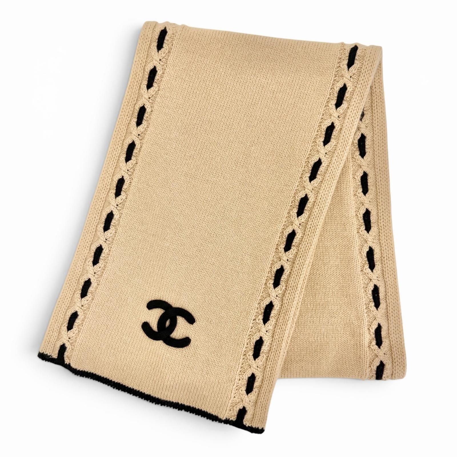 Chanel Cashmere CC Logo Long Scarf Shawl Beige Black