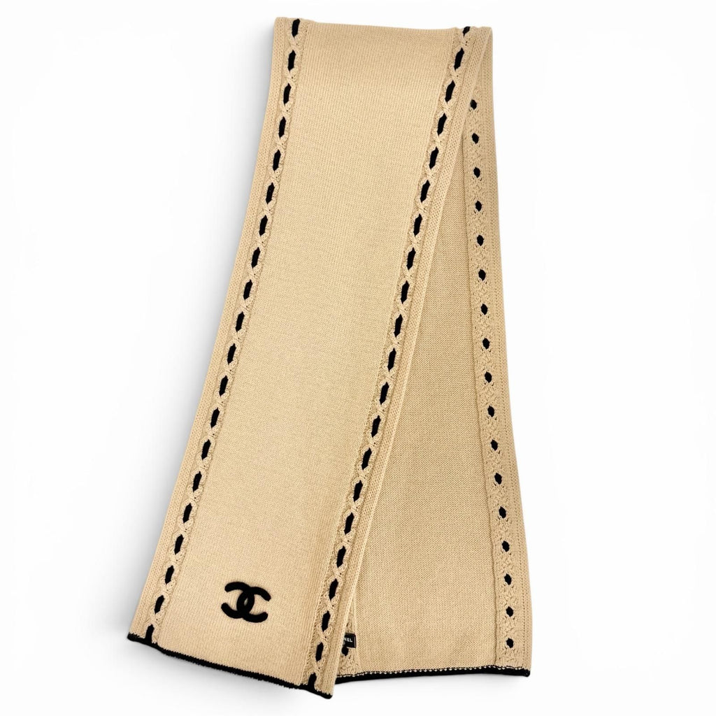 Chanel Cashmere CC Logo Long Scarf Shawl Beige Black — view 2