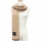 Chanel Cashmere CC Logo Long Scarf Shawl Beige Black — view 3