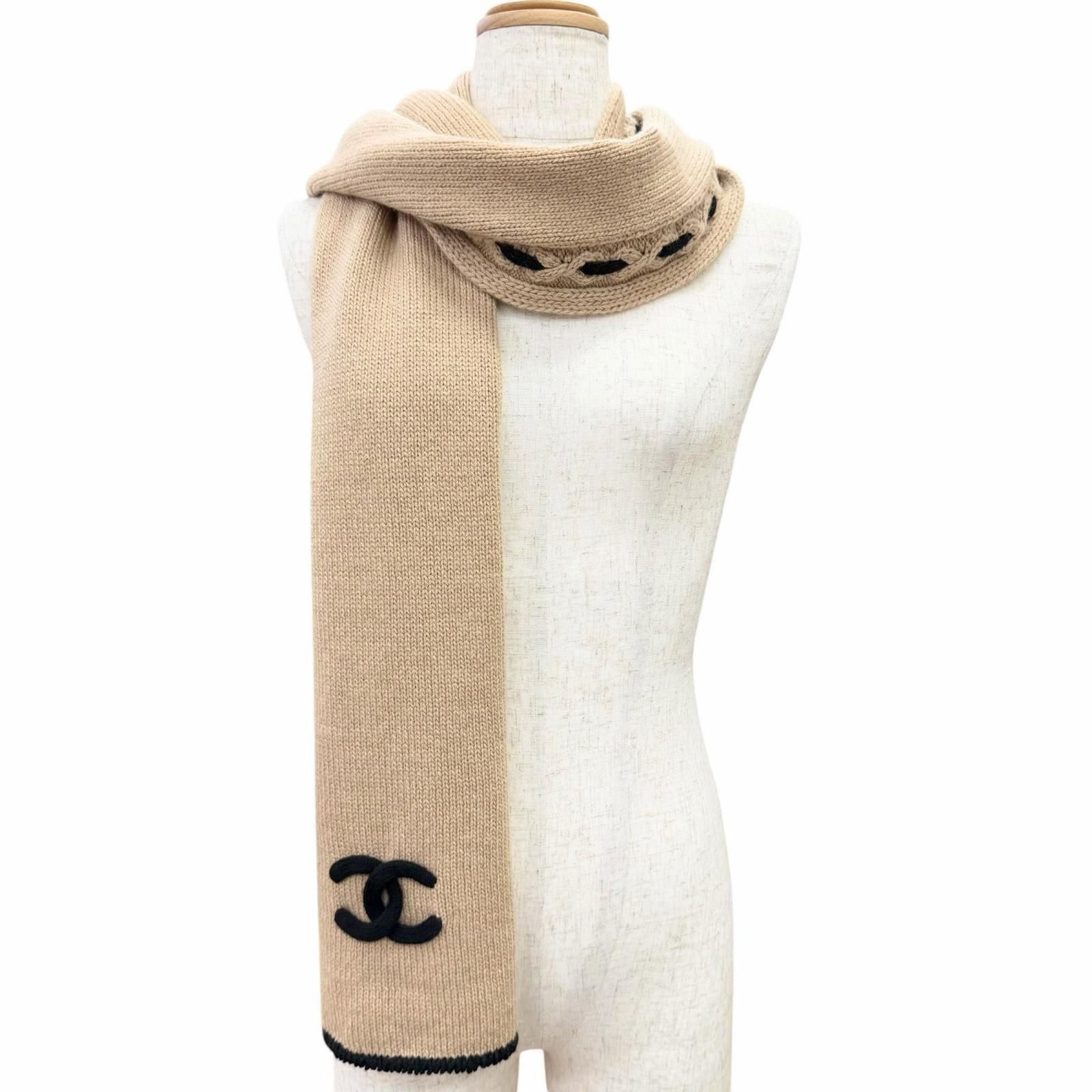 Chanel Cashmere CC Logo Long Scarf Shawl Beige Black — view 3