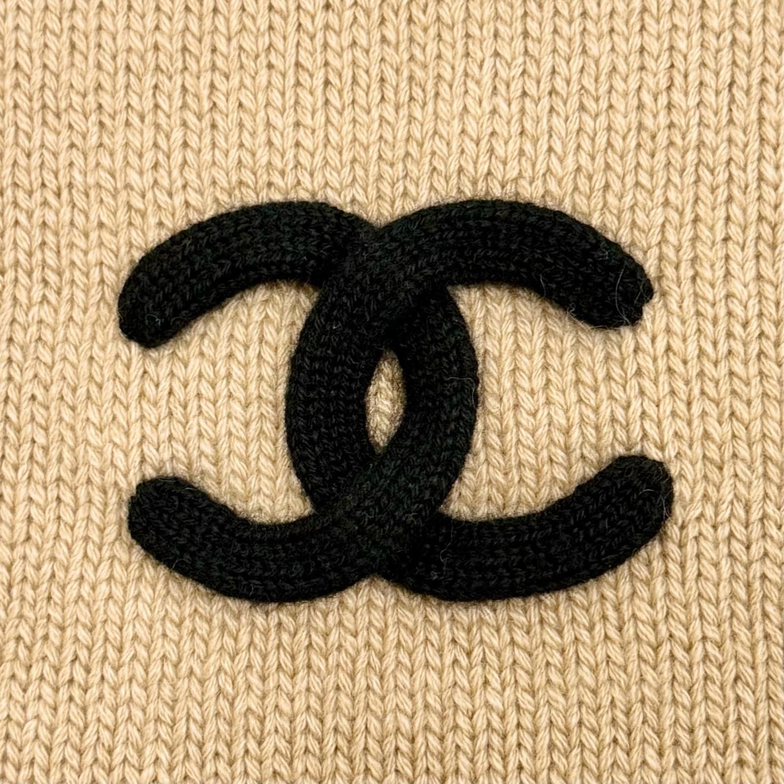 Chanel Cashmere CC Logo Long Scarf Shawl Beige Black — view 6