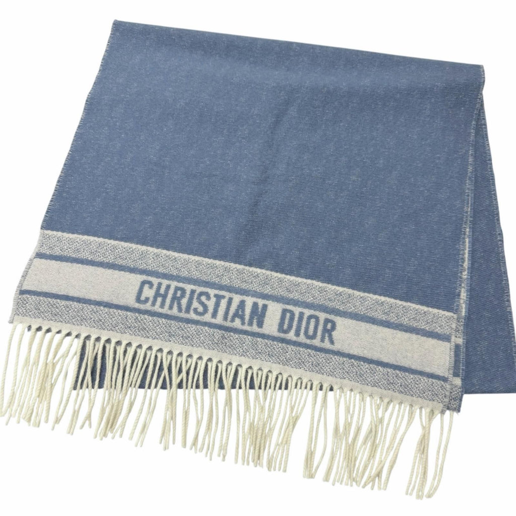 Dior Cashmere Oblique All Over Pattern Large Shawl Fringe Scarf Blue Ivory