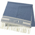 Dior Cashmere Oblique All Over Pattern Large Shawl Fringe Scarf Blue Ivory