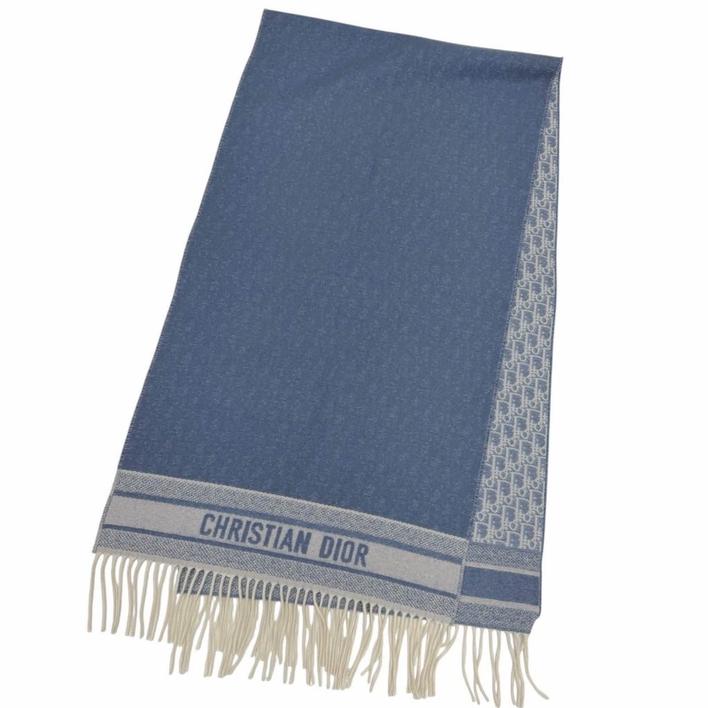 Dior Cashmere Oblique All Over Pattern Large Shawl Fringe Scarf Blue Ivory — view 3