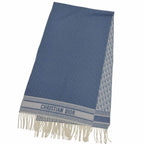 Dior Cashmere Oblique All Over Pattern Large Shawl Fringe Scarf Blue Ivory — view 3