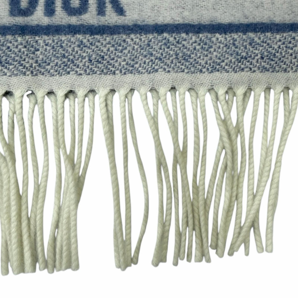 Dior Cashmere Oblique All Over Pattern Large Shawl Fringe Scarf Blue Ivory — view 5
