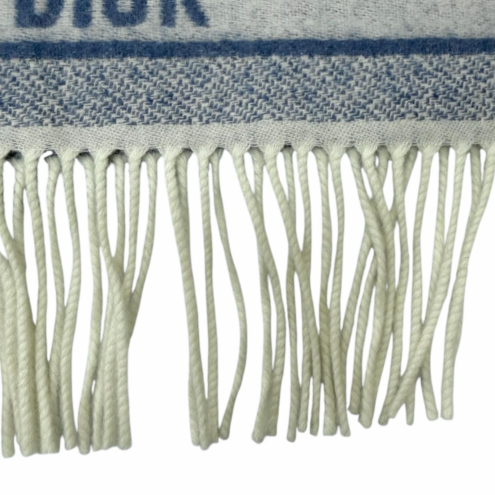 Dior Cashmere Oblique All Over Pattern Large Shawl Fringe Scarf Blue Ivory — view 5