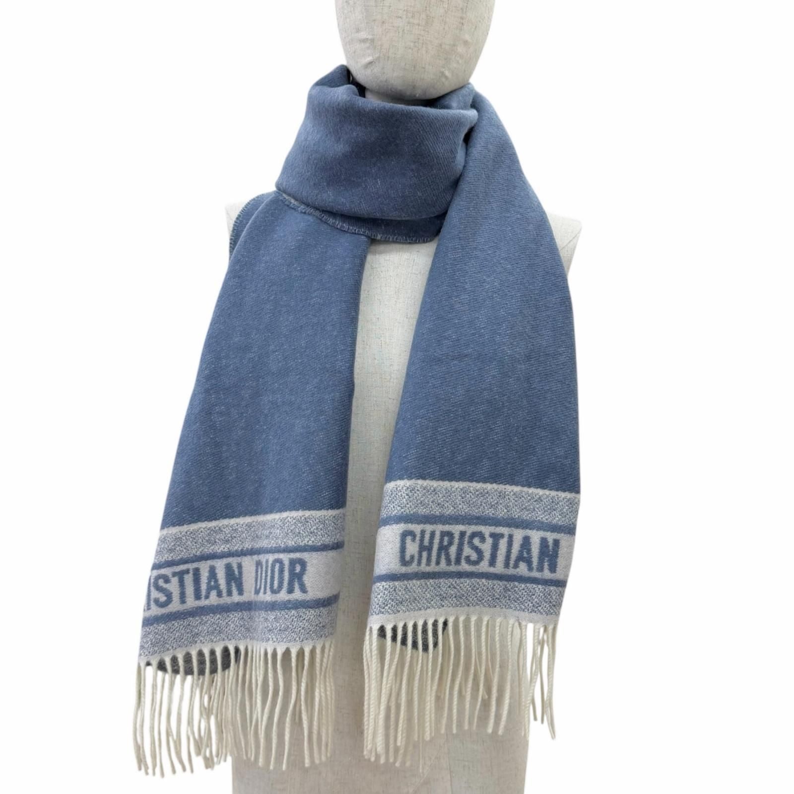 Dior Cashmere Oblique All Over Pattern Large Shawl Fringe Scarf Blue Ivory — view 2