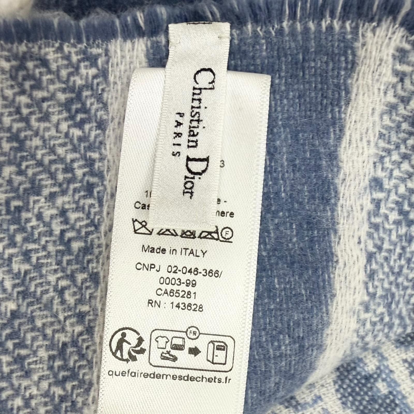 Dior Cashmere Oblique All Over Pattern Large Shawl Fringe Scarf Blue Ivory — view 6
