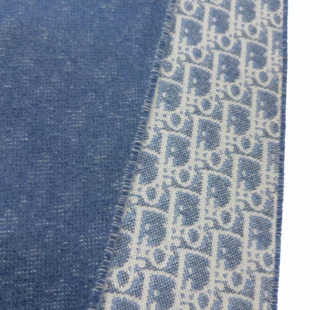 Dior Cashmere Oblique All Over Pattern Large Shawl Fringe Scarf Blue Ivory — view 4