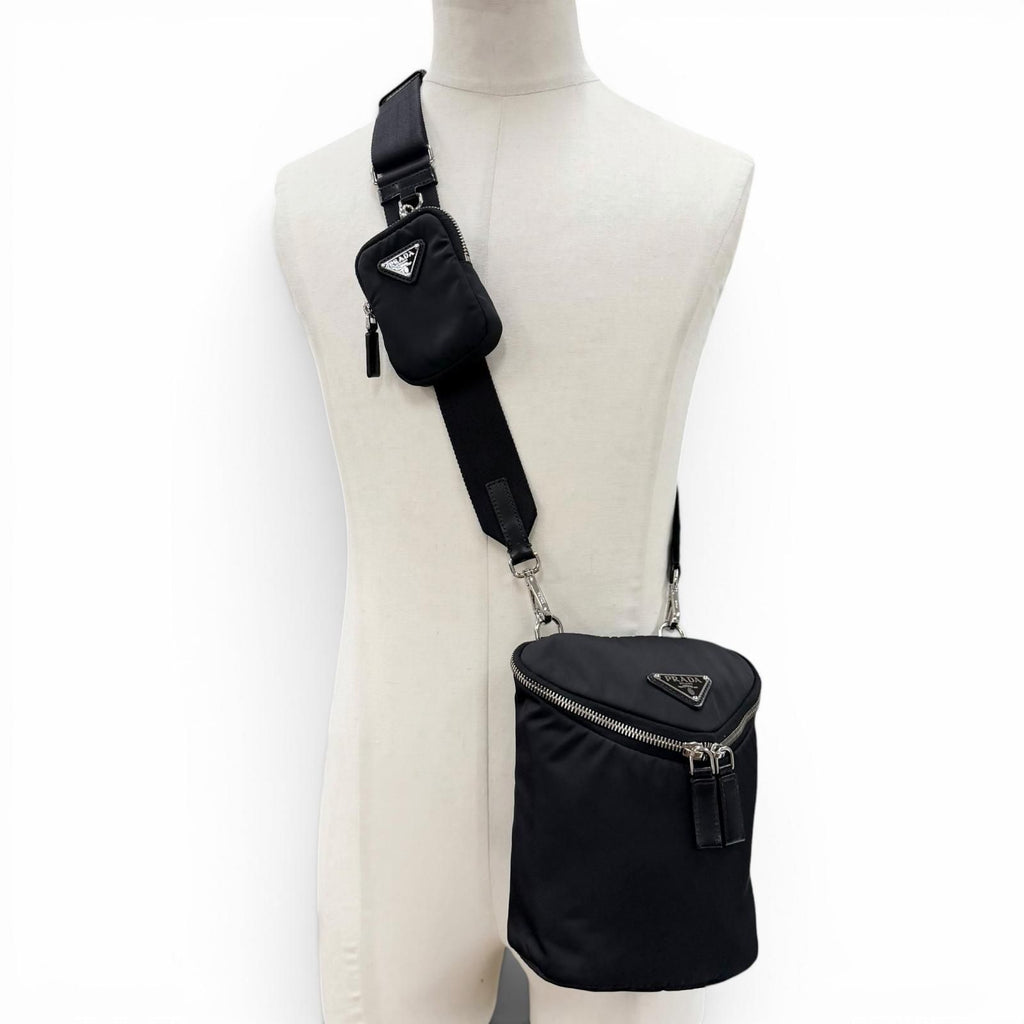 Prada Nylon Leather Re-Nylon Triangle Logo Shoulder Bag Black Silver with Plate — view 3