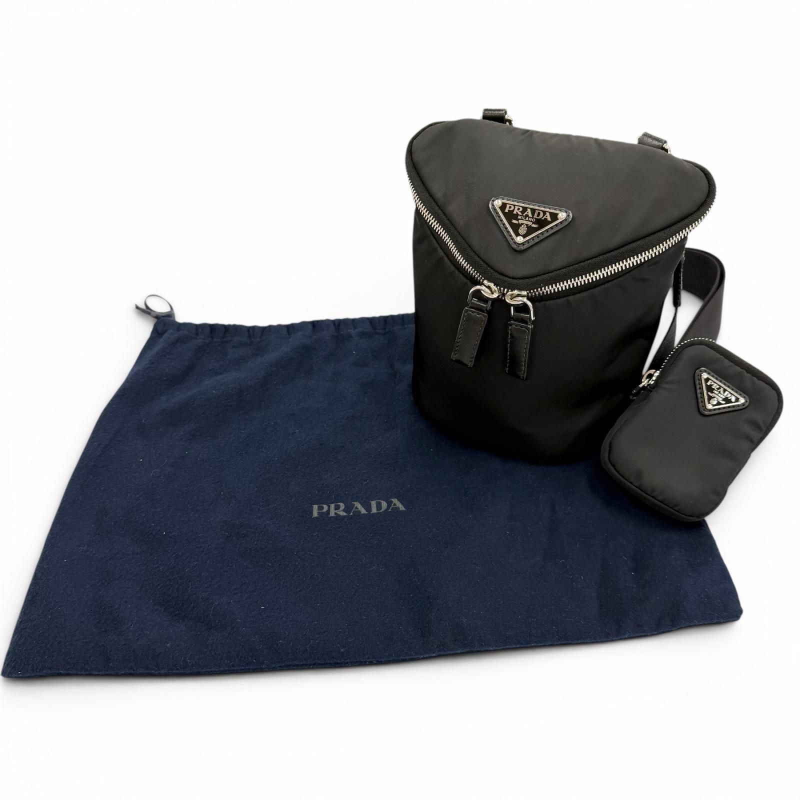 Prada Nylon Leather Re-Nylon Triangle Logo Shoulder Bag Black Silver with Plate — view 2