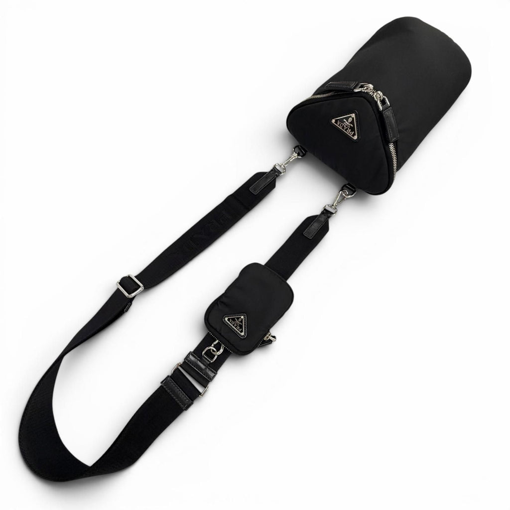 Prada Nylon Leather Re-Nylon Triangle Logo Shoulder Bag Black Silver with Plate — view 7
