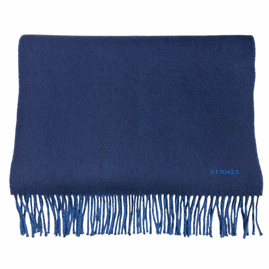 Hermes Recto Verso Cashmere Bicolor Logo Embroidery with Fringe Reversible
