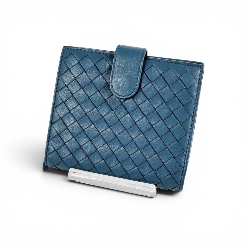 Bottega Veneta Intrecciato Leather Compact Wallet Bifold Blue Gray — view 3