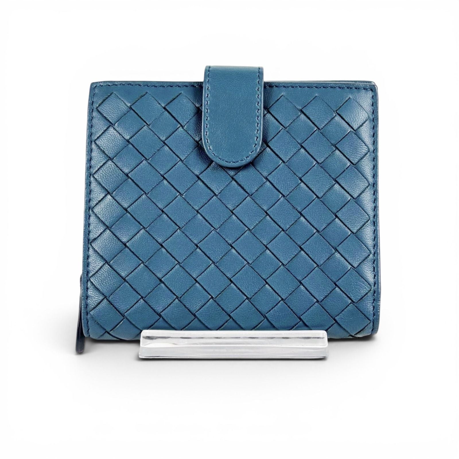 Bottega Veneta Intrecciato Leather Compact Wallet Bifold Blue Gray
