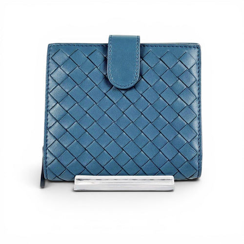 Bottega Veneta Intrecciato Leather Compact Wallet Bifold Blue Gray