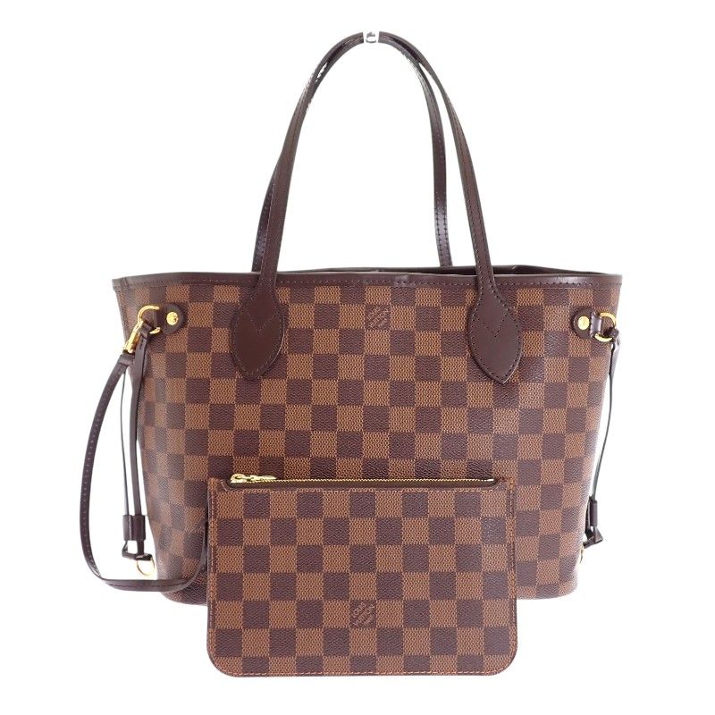 Louis Vuitton Neverfull PM Tote Damier Canvas Brown Gold Pouch