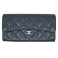 Chanel CC Logo Quilted Long Flap Wallet Black Silver Caviar Leather