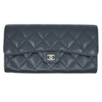 Chanel CC Logo Quilted Long Flap Wallet Black Silver Caviar Leather