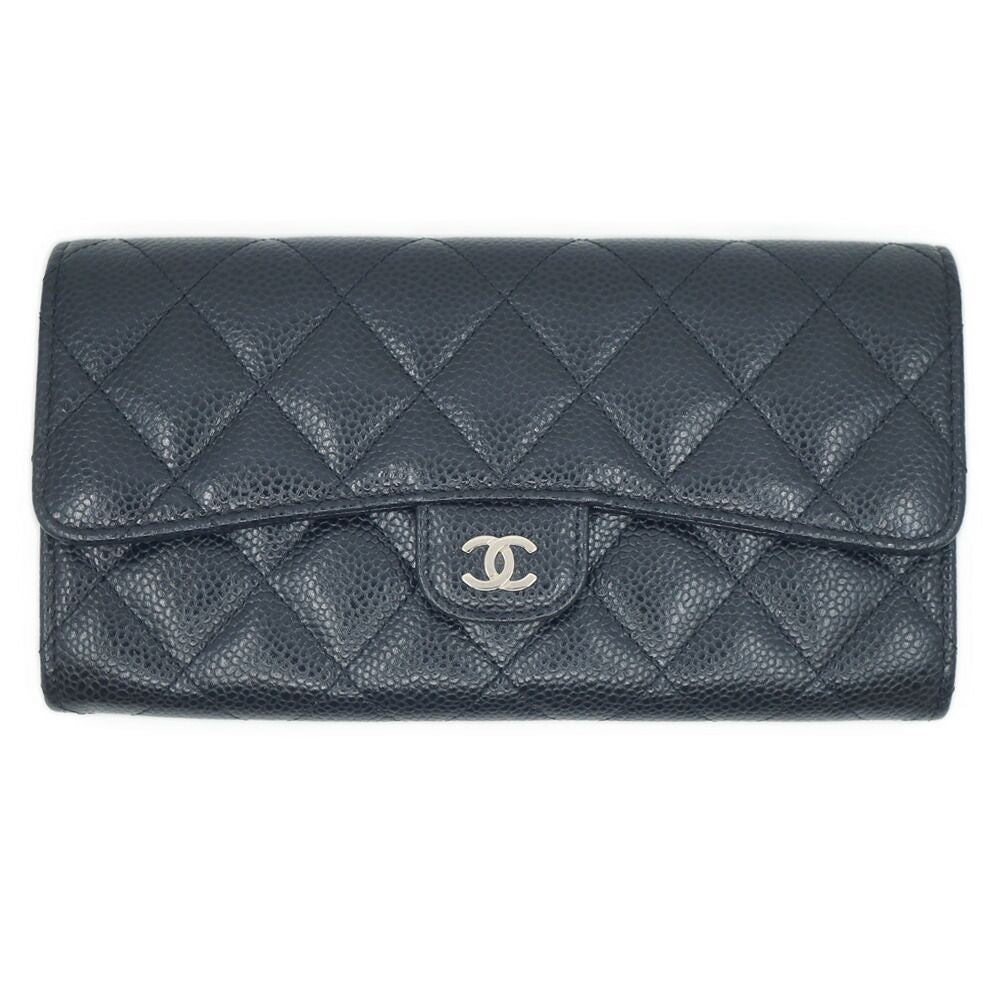 Chanel CC Logo Quilted Long Flap Wallet Black Silver Caviar Leather