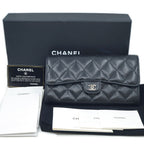 Chanel CC Logo Quilted Long Flap Wallet Black Silver Caviar Leather — view 9