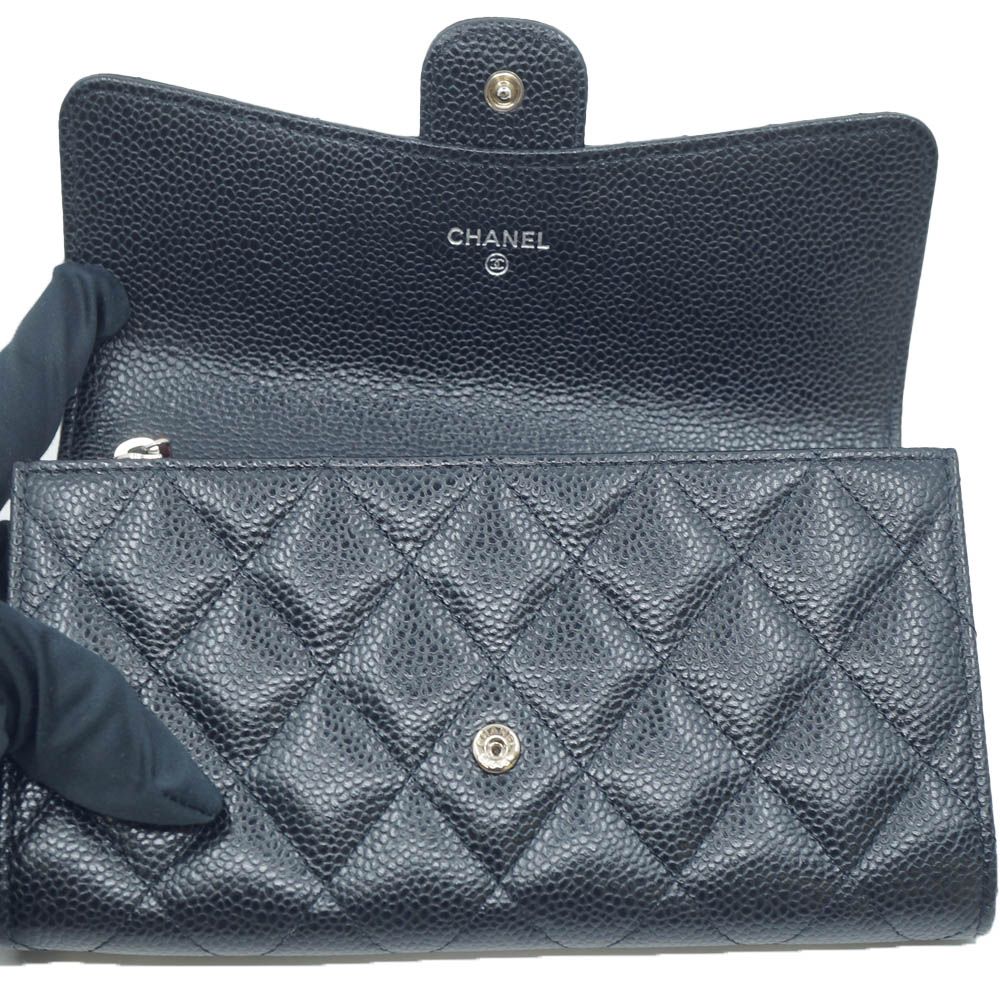 Chanel CC Logo Quilted Long Flap Wallet Black Silver Caviar Leather — view 5