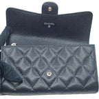 Chanel CC Logo Quilted Long Flap Wallet Black Silver Caviar Leather — view 5