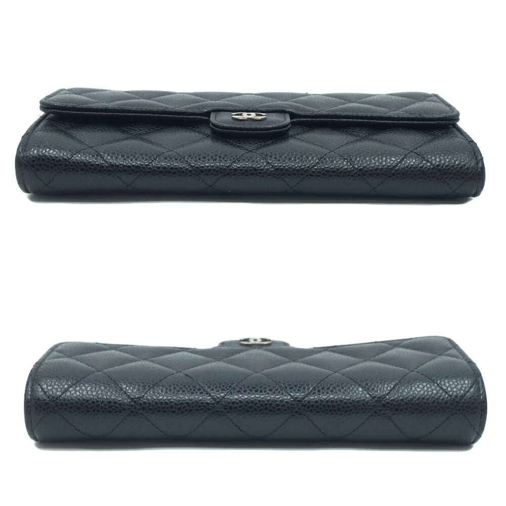 Chanel CC Logo Quilted Long Flap Wallet Black Silver Caviar Leather — view 3