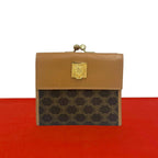 Celine Vintage Logo Ring Macadam Pattern Leather Kiss Lock Trifold Wallet Brown