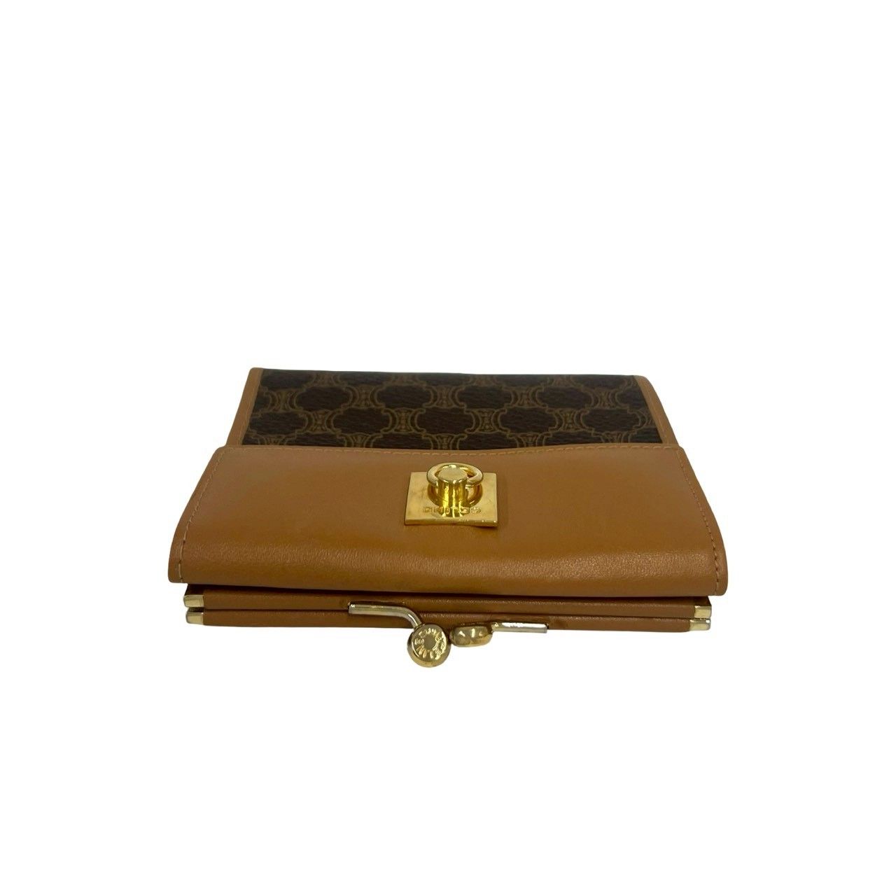 Celine Vintage Logo Ring Macadam Pattern Leather Kiss Lock Trifold Wallet Brown
