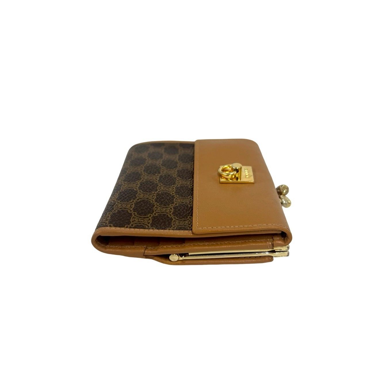 Celine Vintage Logo Ring Macadam Pattern Leather Kiss Lock Trifold Wallet Brown