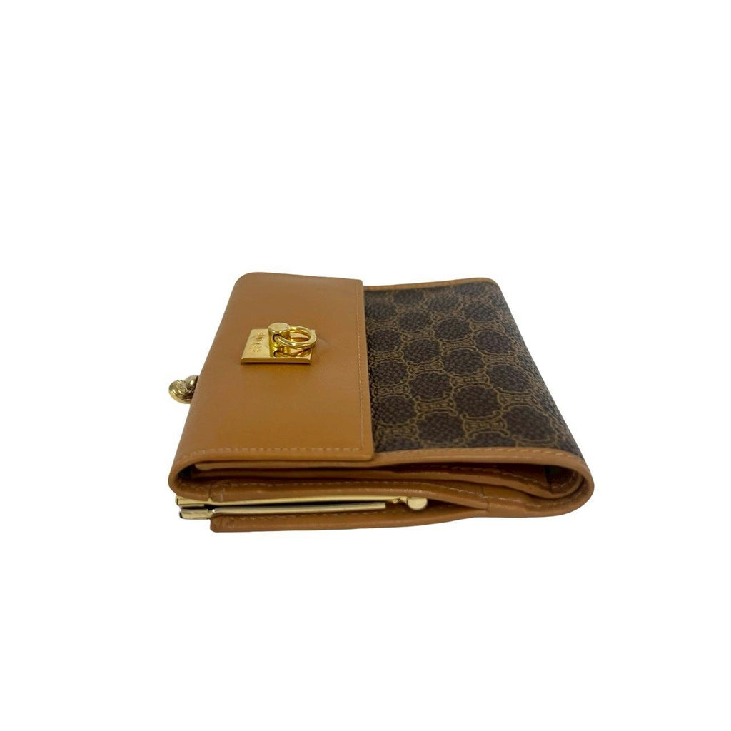 Celine Vintage Logo Ring Macadam Pattern Leather Kiss Lock Trifold Wallet Brown