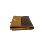 Celine Vintage Logo Ring Macadam Pattern Leather Kiss Lock Trifold Wallet Brown
