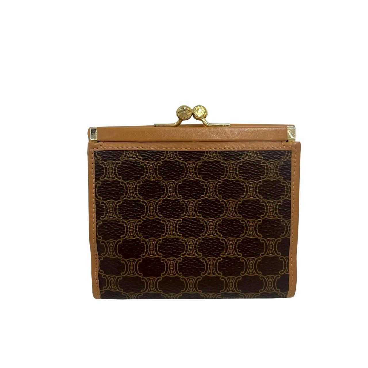Celine Vintage Logo Ring Macadam Pattern Leather Kiss Lock Trifold Wallet Brown