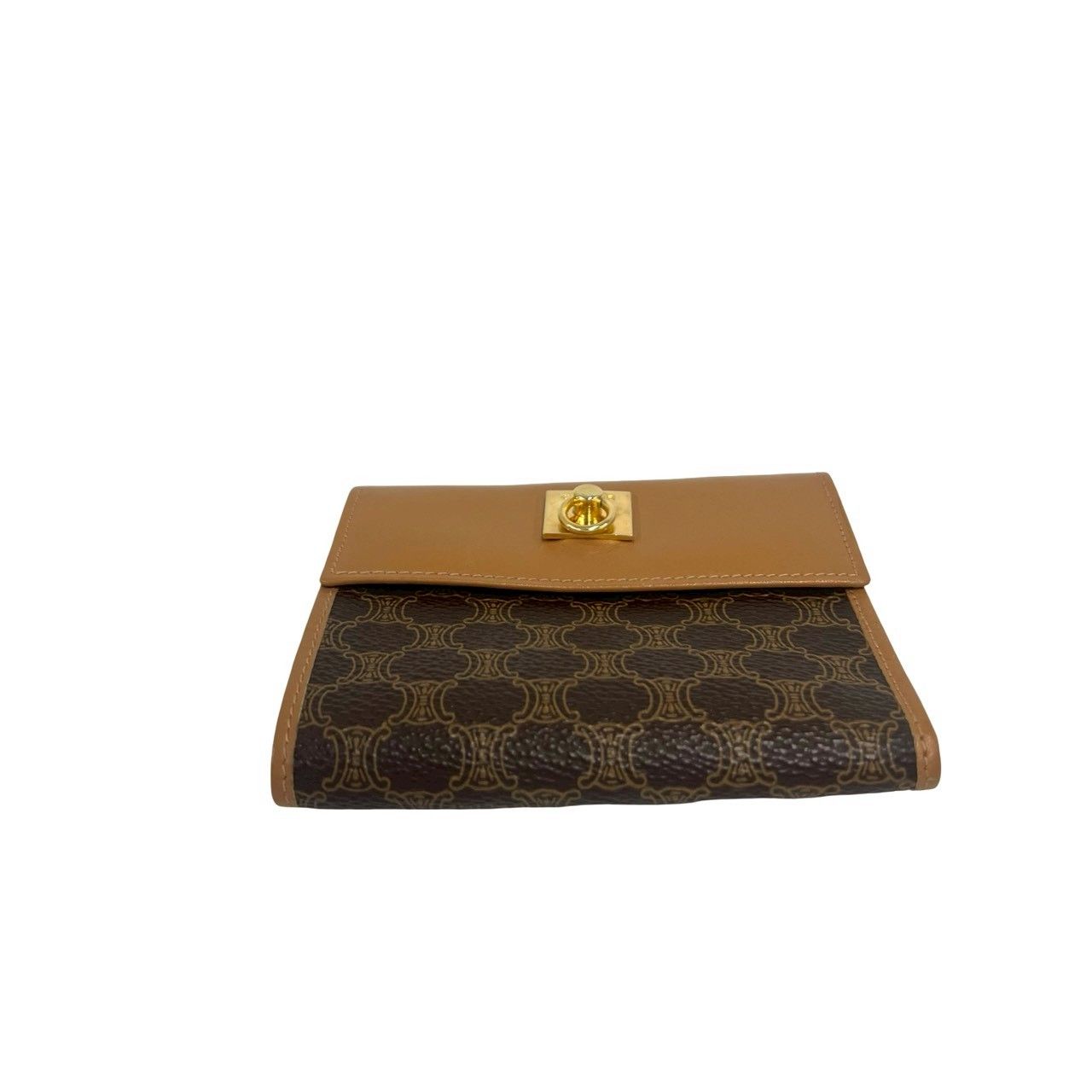 Celine Vintage Logo Ring Macadam Pattern Leather Kiss Lock Trifold Wallet Brown