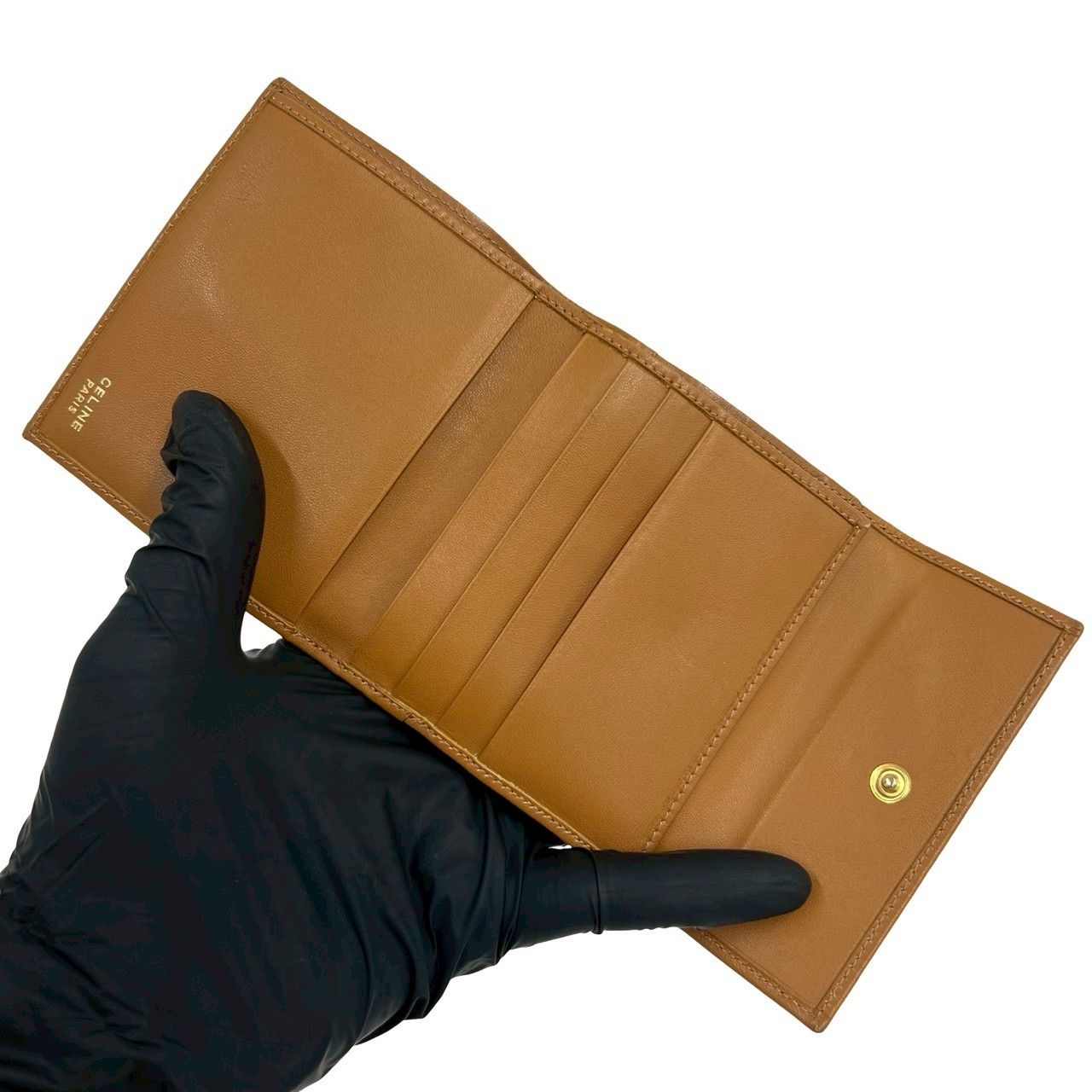 Celine Vintage Logo Ring Macadam Pattern Leather Kiss Lock Trifold Wallet Brown