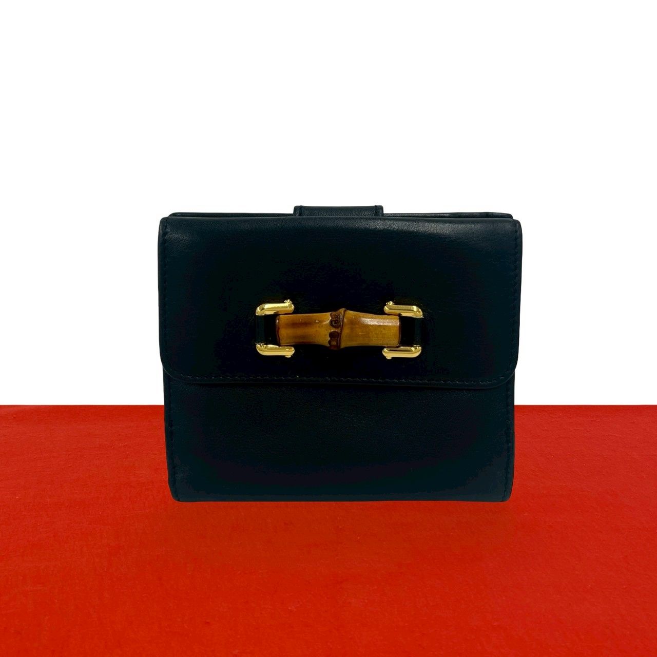 Gucci Vintage Bamb Leather Bifold Wallet Billfold Coin Purse Dark Navy
