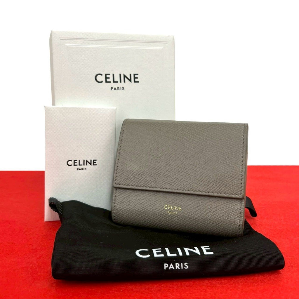 Celine Box Trifold Wallet Leather Mini Billfold Coin Purse Gray