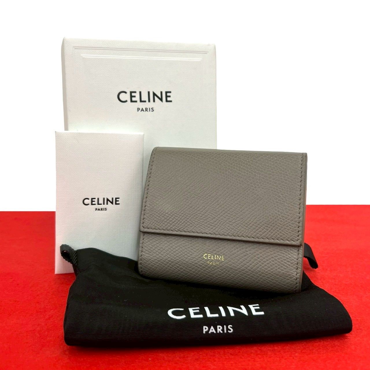 Celine Box Trifold Wallet Leather Mini Billfold Coin Purse Gray