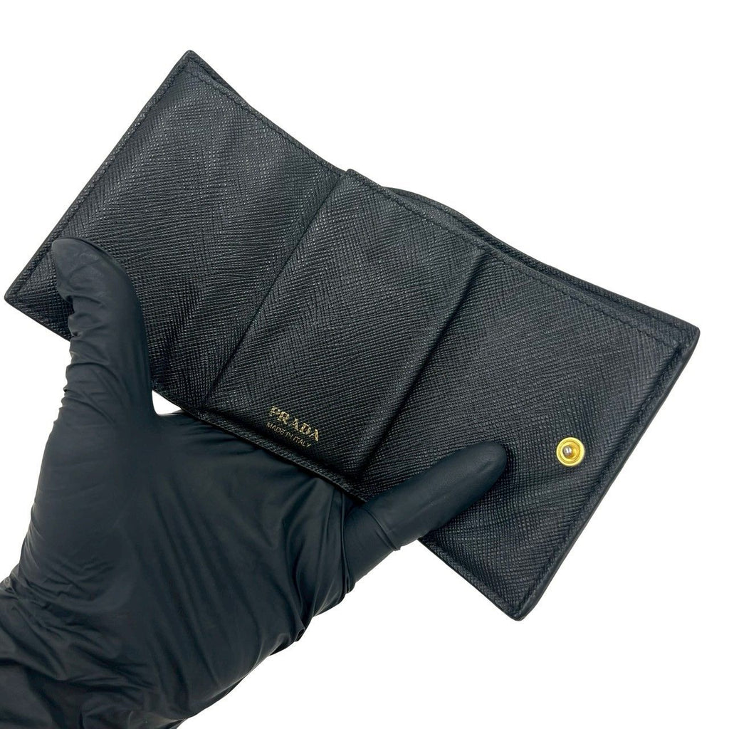 Prada Logo Saffiano Leather Trifold Wallet Mini Compact Coin Purse Bill Black — view 7