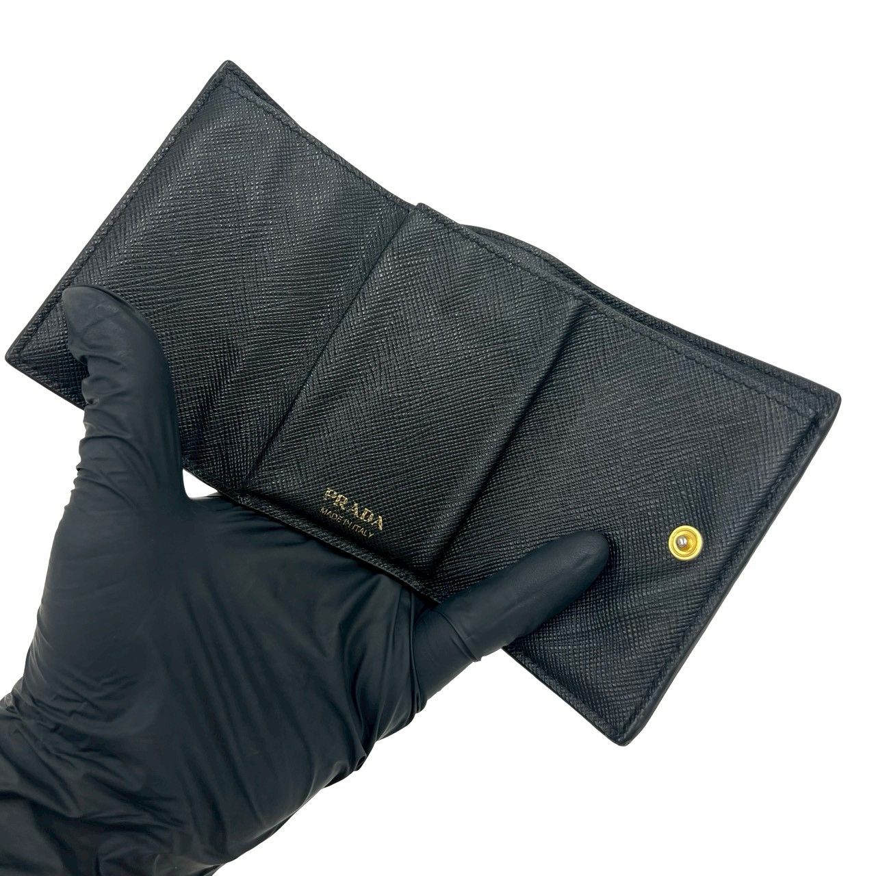 Prada Logo Saffiano Leather Trifold Wallet Mini Compact Coin Purse Bill Black — view 7
