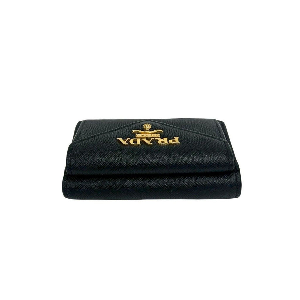 Prada Logo Saffiano Leather Trifold Wallet Mini Compact Coin Purse Bill Black — view 3
