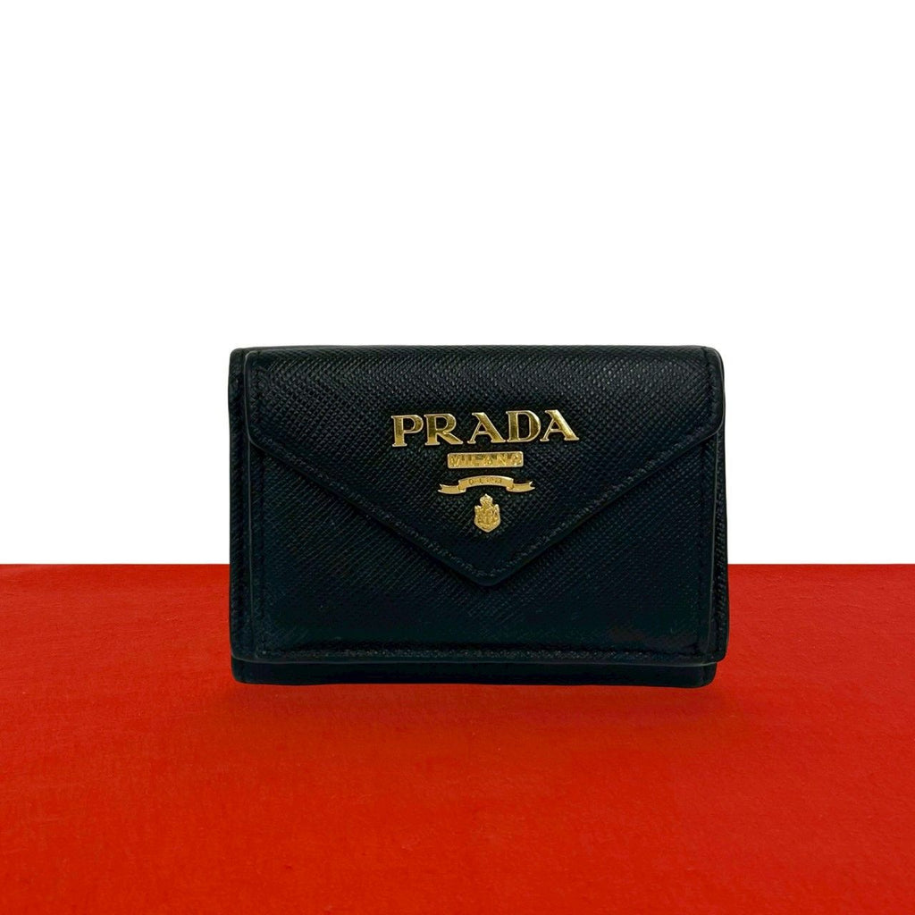 Prada Logo Saffiano Leather Trifold Wallet Mini Compact Coin Purse Bill Black