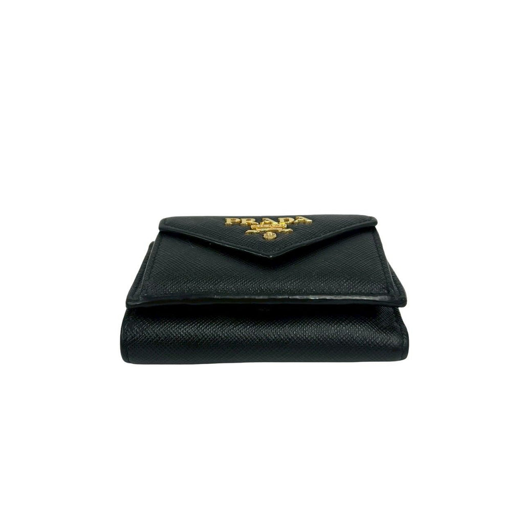 Prada Logo Saffiano Leather Trifold Wallet Mini Compact Coin Purse Bill Black — view 6