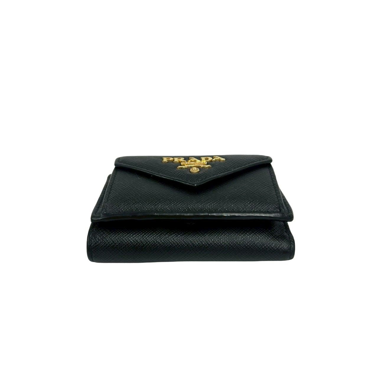 Prada Logo Saffiano Leather Trifold Wallet Mini Compact Coin Purse Bill Black — view 6