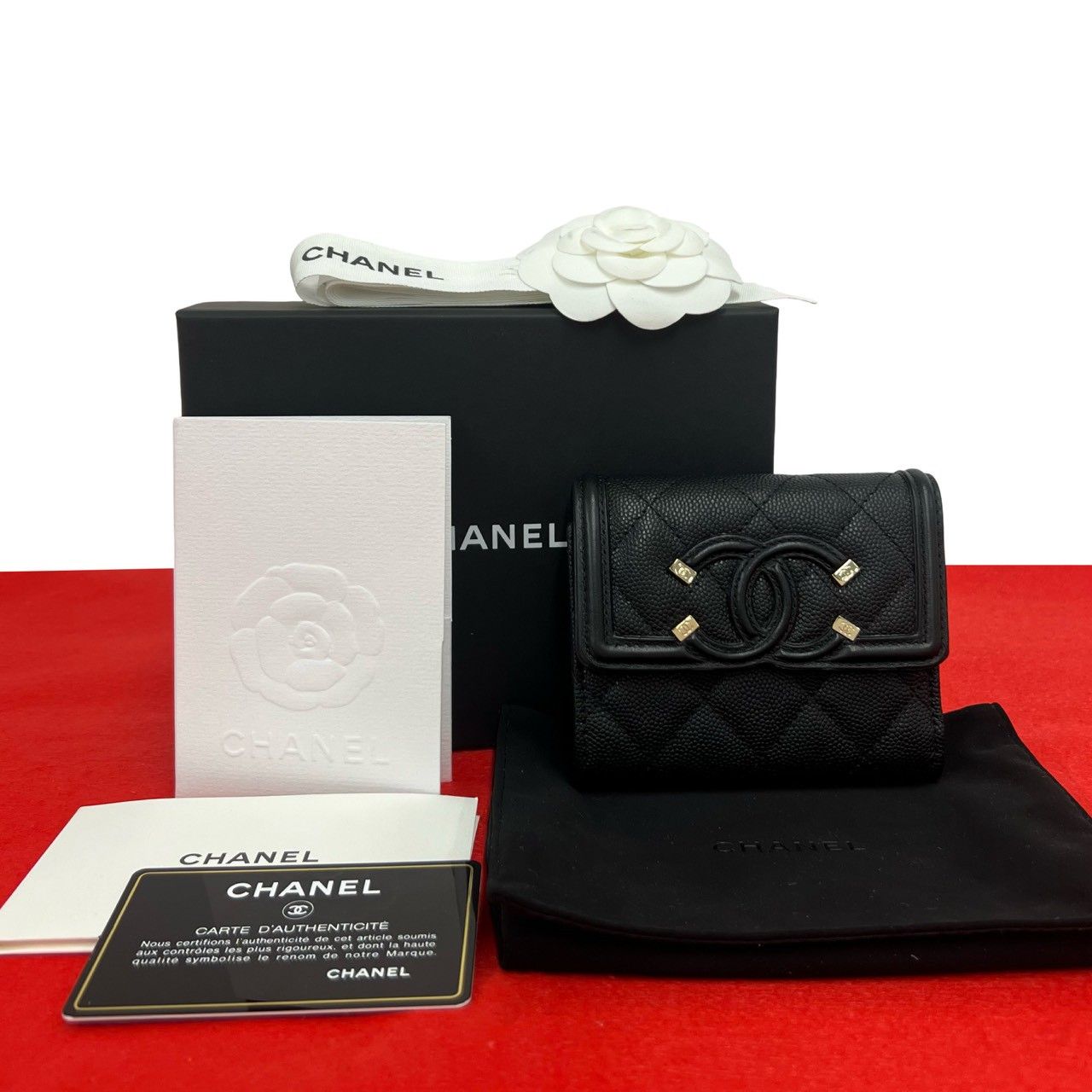 Chanel Box Card with CC Filigree CC Logo Caviar Leather Trifold Wallet Black
