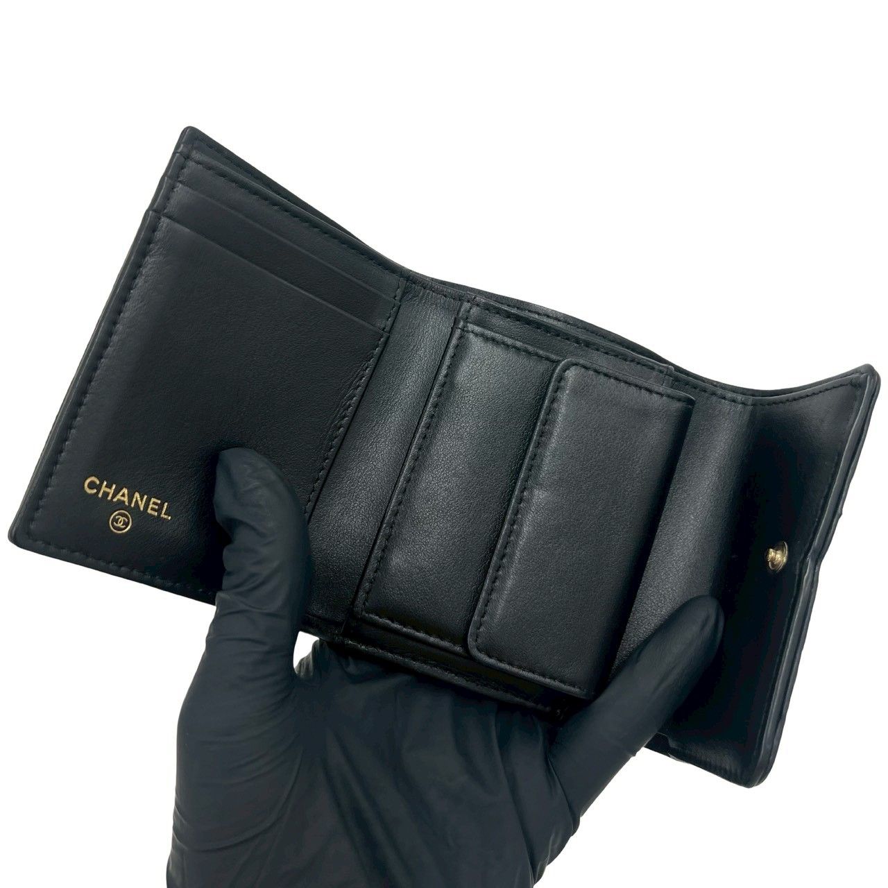 Chanel Box Card with CC Filigree CC Logo Caviar Leather Trifold Wallet Black — view 7